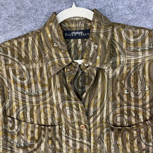 Linda Allard For Ellen Tracy Sheer Silk Metallic Blouse 8 Paisley Button Down - Picture 2 of 13
